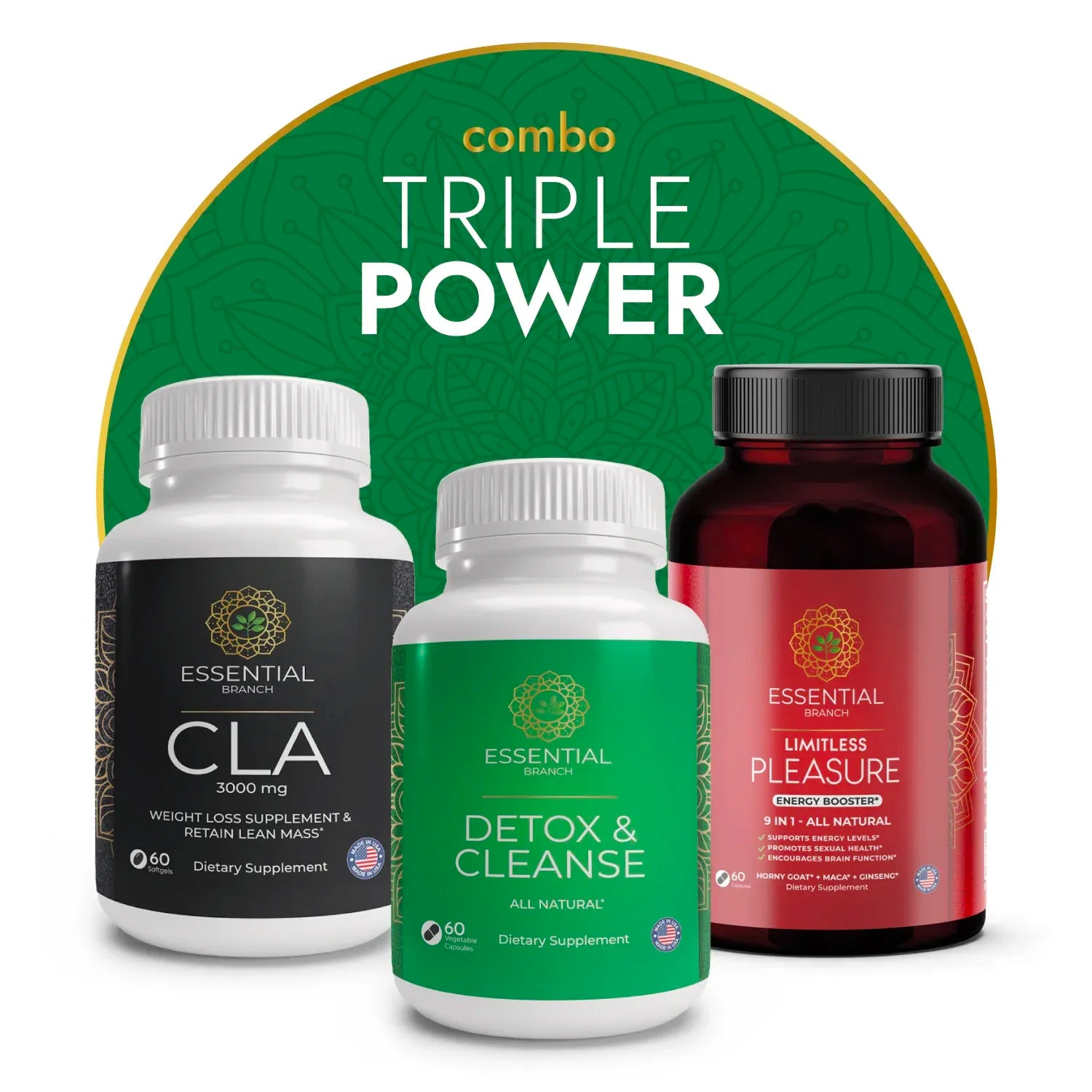 Triple Power Combo - CLA + Detox + Limitless Pleasure - Essential Branch