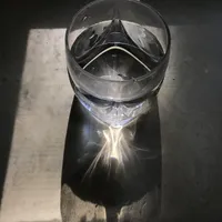 A glass of water in late-afternoon window light, casting a bright reflection onto the surface below.