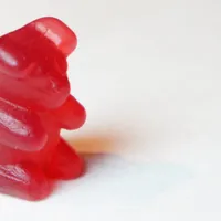 A single red gummy bear standing on a plain white surface.