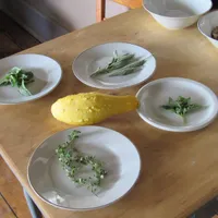 Freshly cut herb sprigs laid out on small white plates across a wooden kitchen table.
